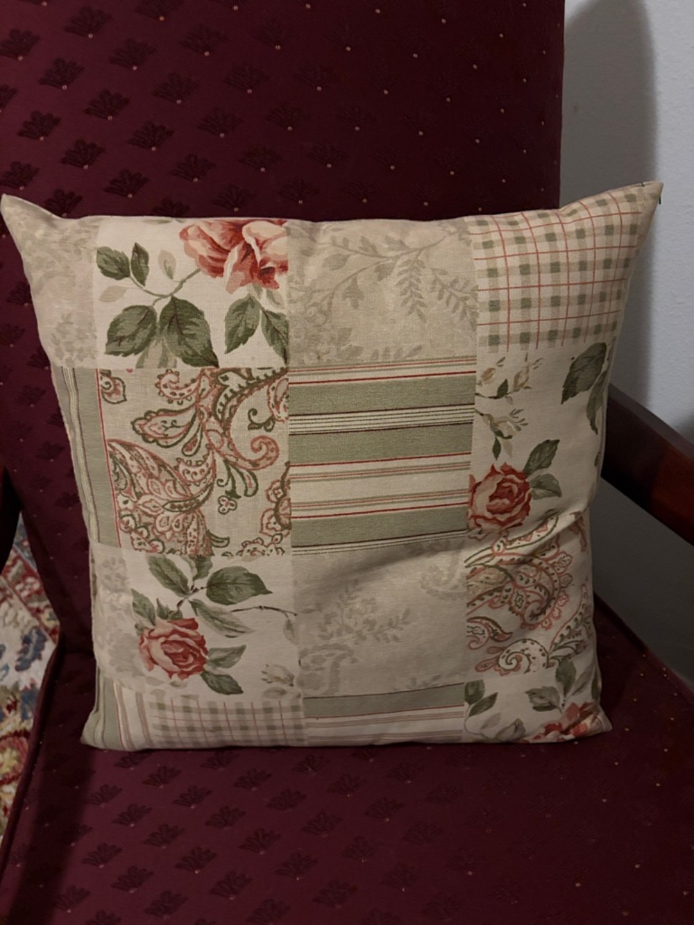 Floral Patchwork Throw Pillow - Ivory, Sage & Rose
